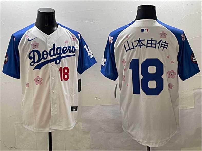 Mens Los Angeles Dodgers #18 Yamamoto White Royal 2025 Tokyo Series Limited Stitched Jersey